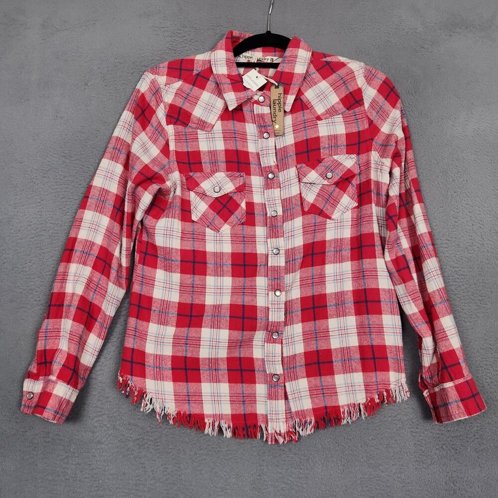 Hippie Laundry Shirt Womens Large Red Plaid Fringe Hem Western Pearl Buttons